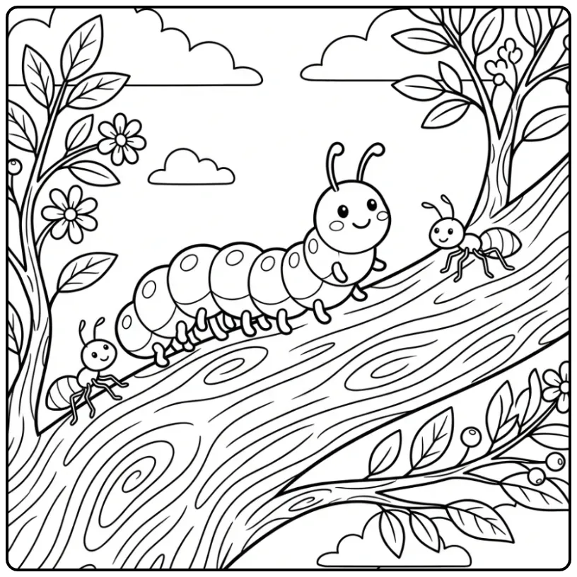 Cute Caterpillar on a Thick Tree Trunk coloring page