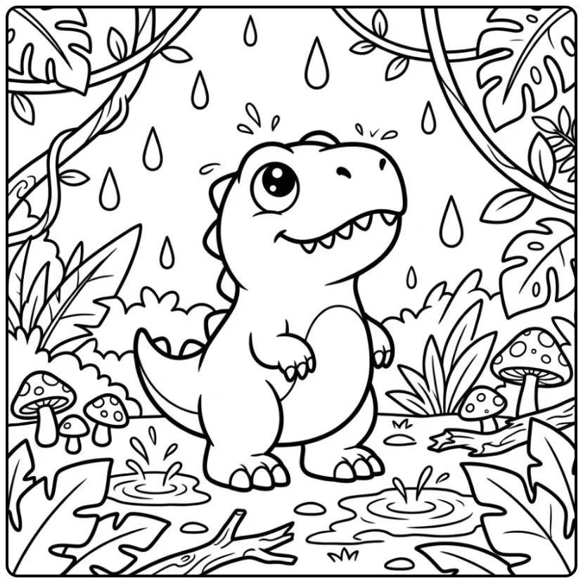 Cute Scorpius Rex in the Rain coloring page