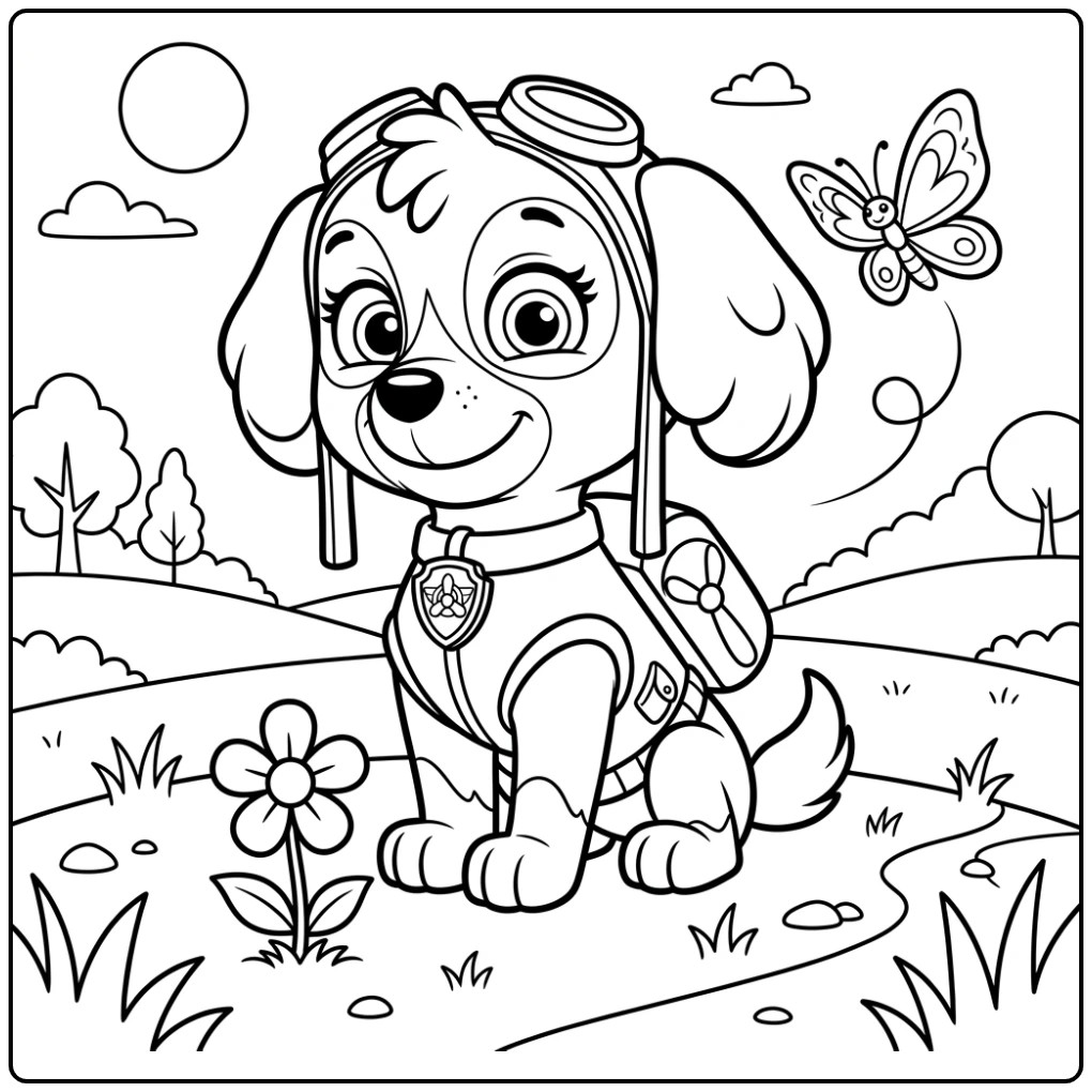 Cute Skye Easy Paw Patrol with Flower and Butterfly coloring page