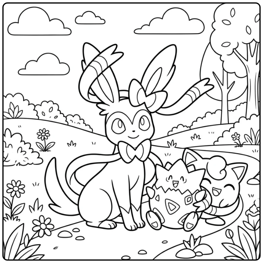 Cute Sylveon Togepi and Jigglypuff coloring page