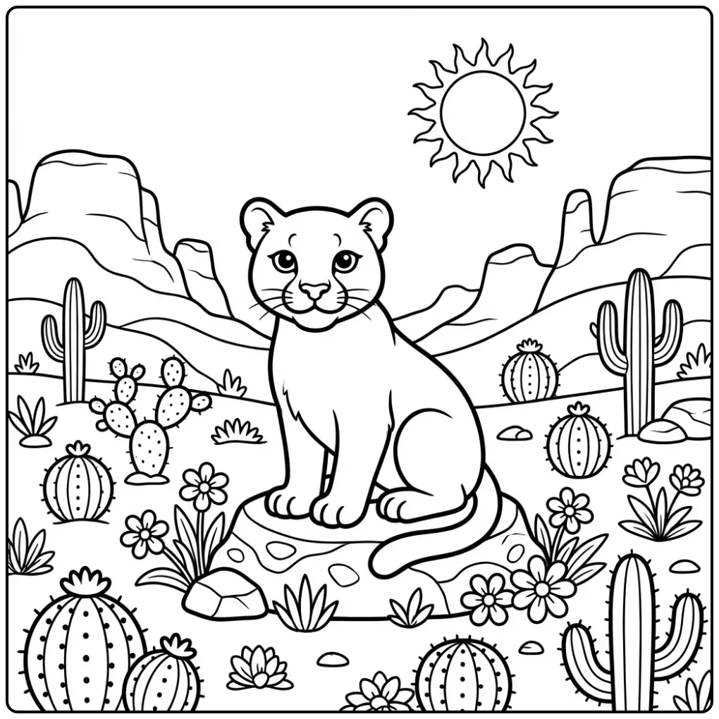 Cute Sitting Puma in the Desert coloring page