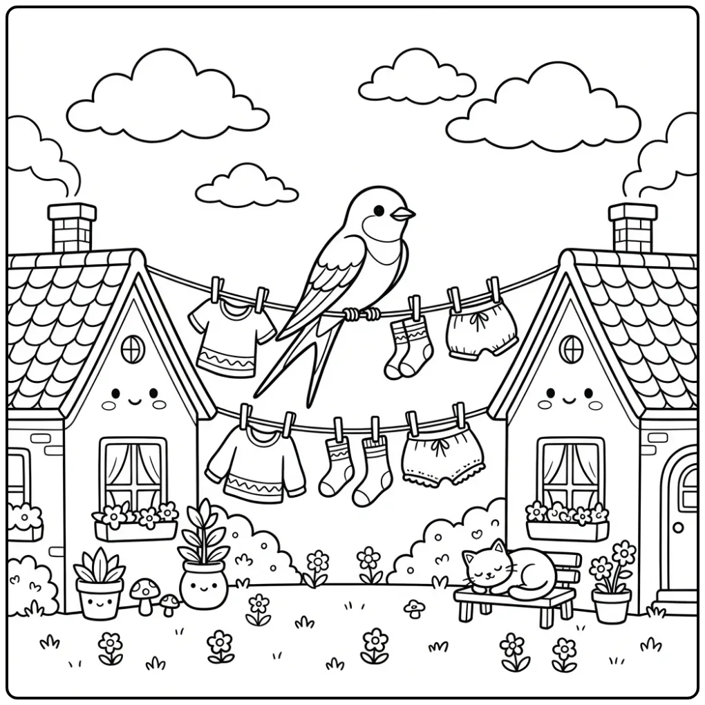 Cute Swallow Among Houses coloring page