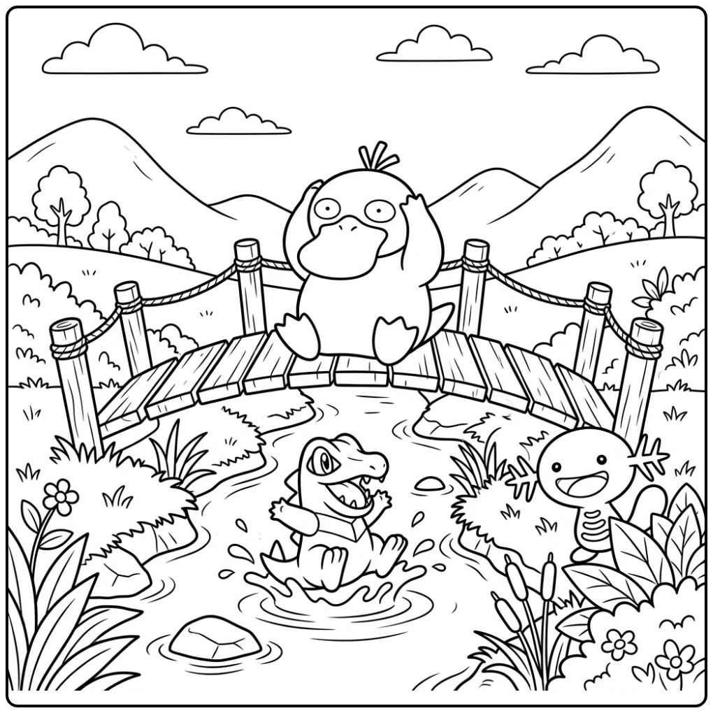 Scenic Psyduck Totodile and Wooper coloring page