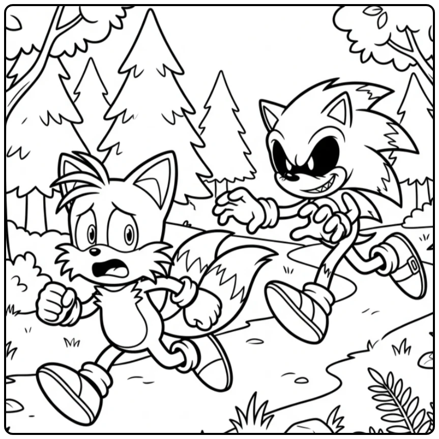 Terrifying Sonic.EXE Chasing Tails coloring page