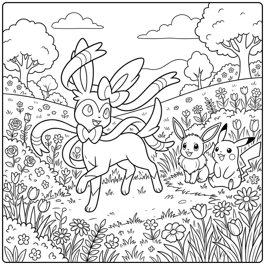 Graceful Sylveon Friends in a Cheerful Meadow coloring page