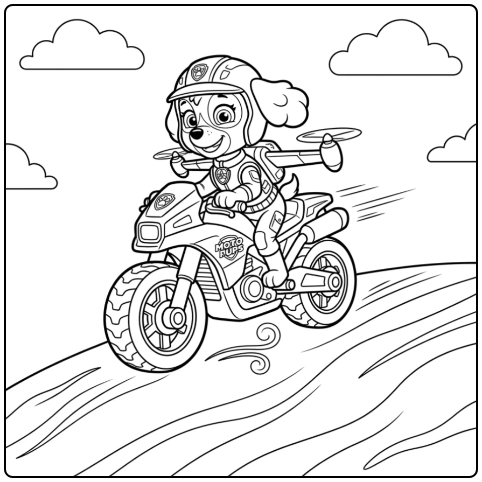 Skye Motorcycle on Hill Paw Patrol Moto Pups coloring page
