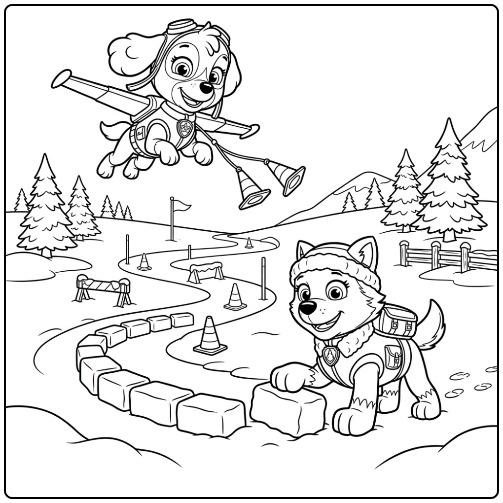 Skye Paw Patrol Adventurous Snow Training with Everest coloring page