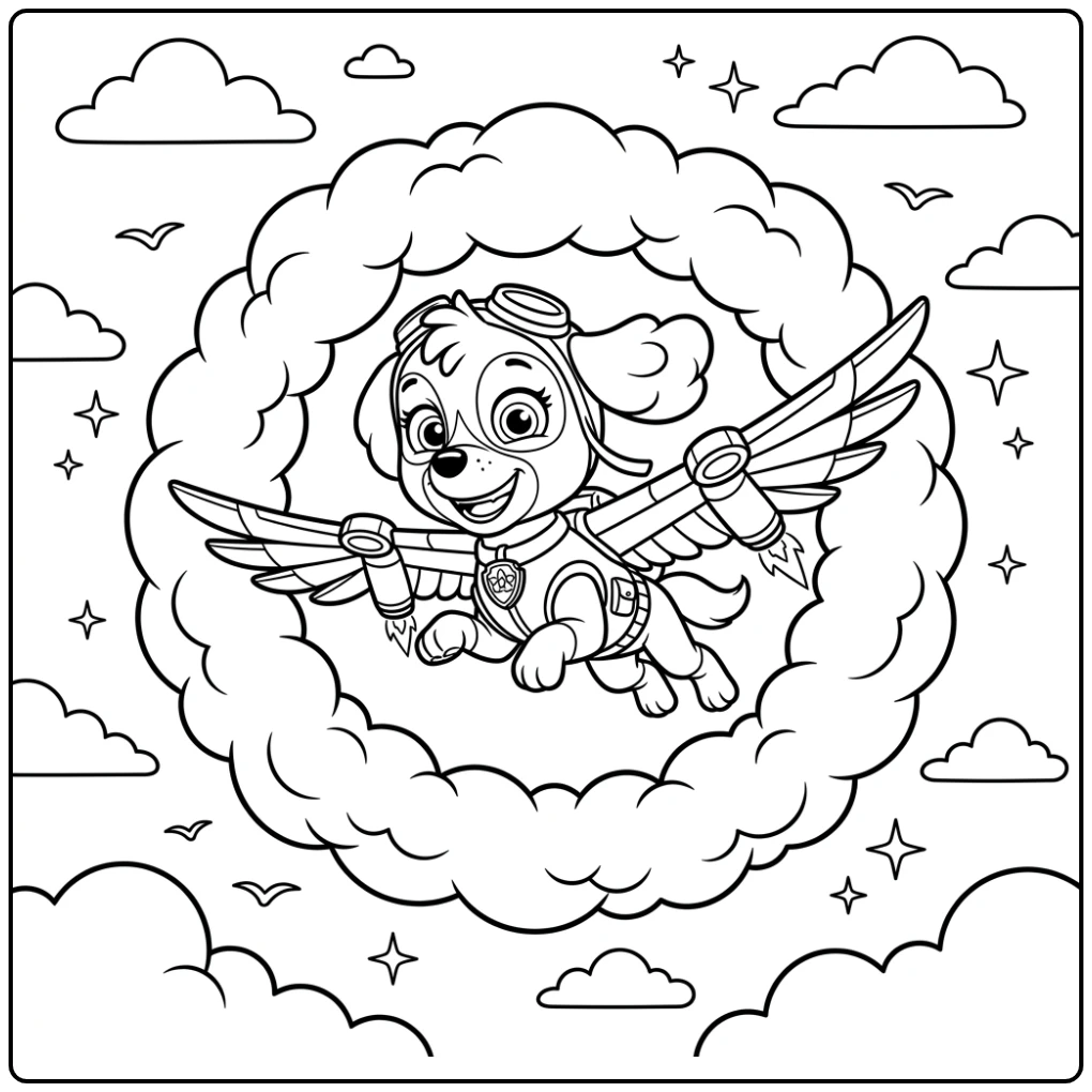 Skye Paw Patrol Adventurous Flight Through Cloud coloring page