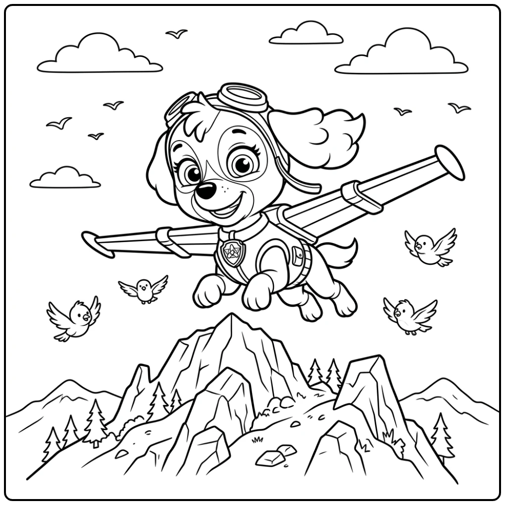Skye Paw Patrol Adventurous Flight Over the Mountains coloring page