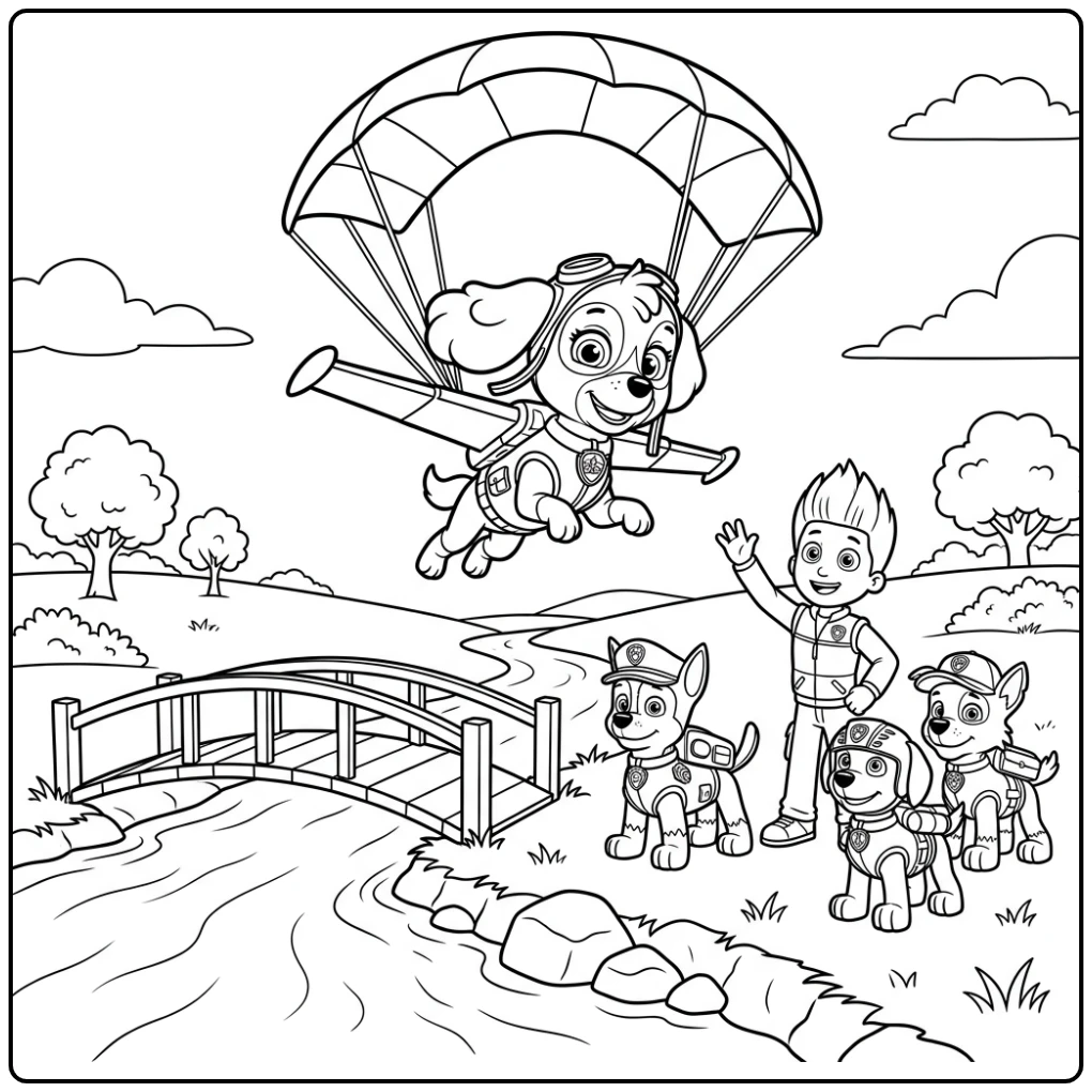 Skye Paw Patrol Brave Rescue Above Bridge coloring page