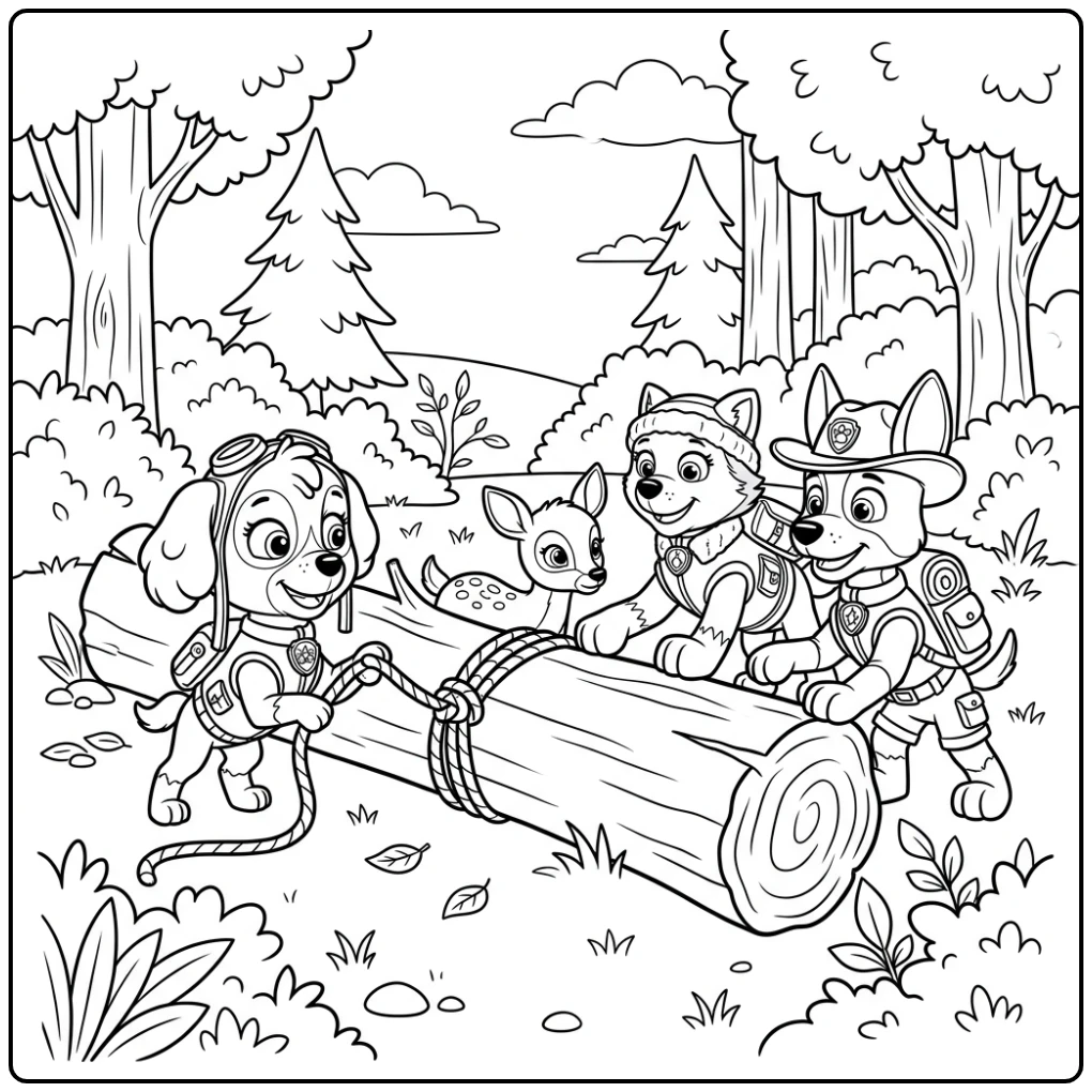 Skye Paw Patrol Rescue in Forest with Everest and Tracker coloring page