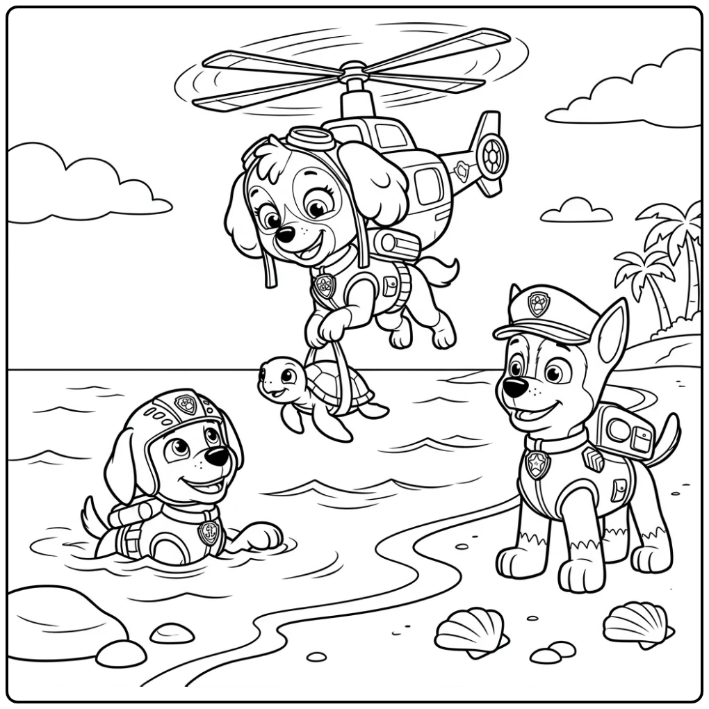 Skye Paw Patrol Rescue of Turtle on Adventure Bay coloring page