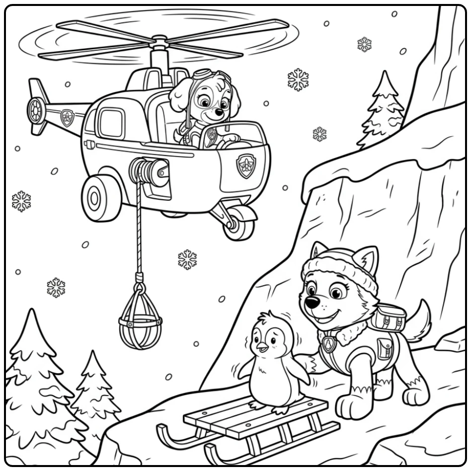 Paw Patrol Skye and Everest Rescuing on Icy Slope coloring page