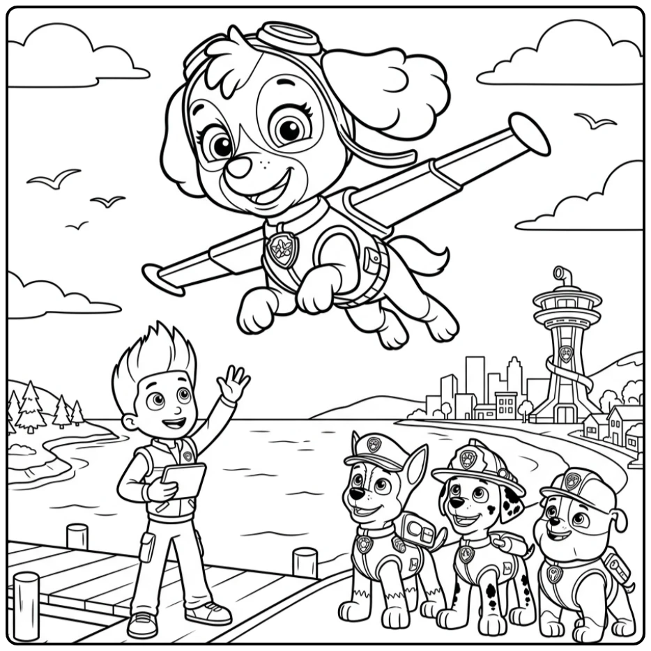 Paw Patrol Skye and Team in Action Above the Bay coloring page