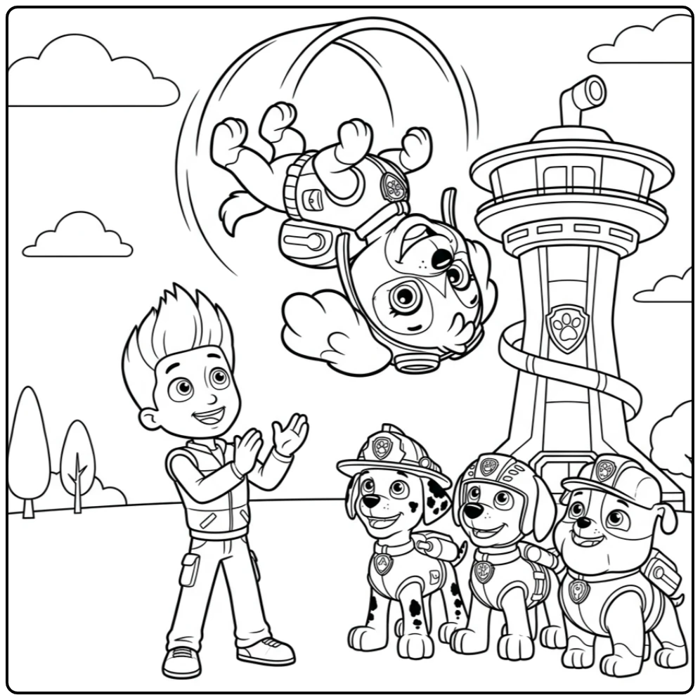 Paw Patrol Skye Flying Cheerful Friends Watching coloring page