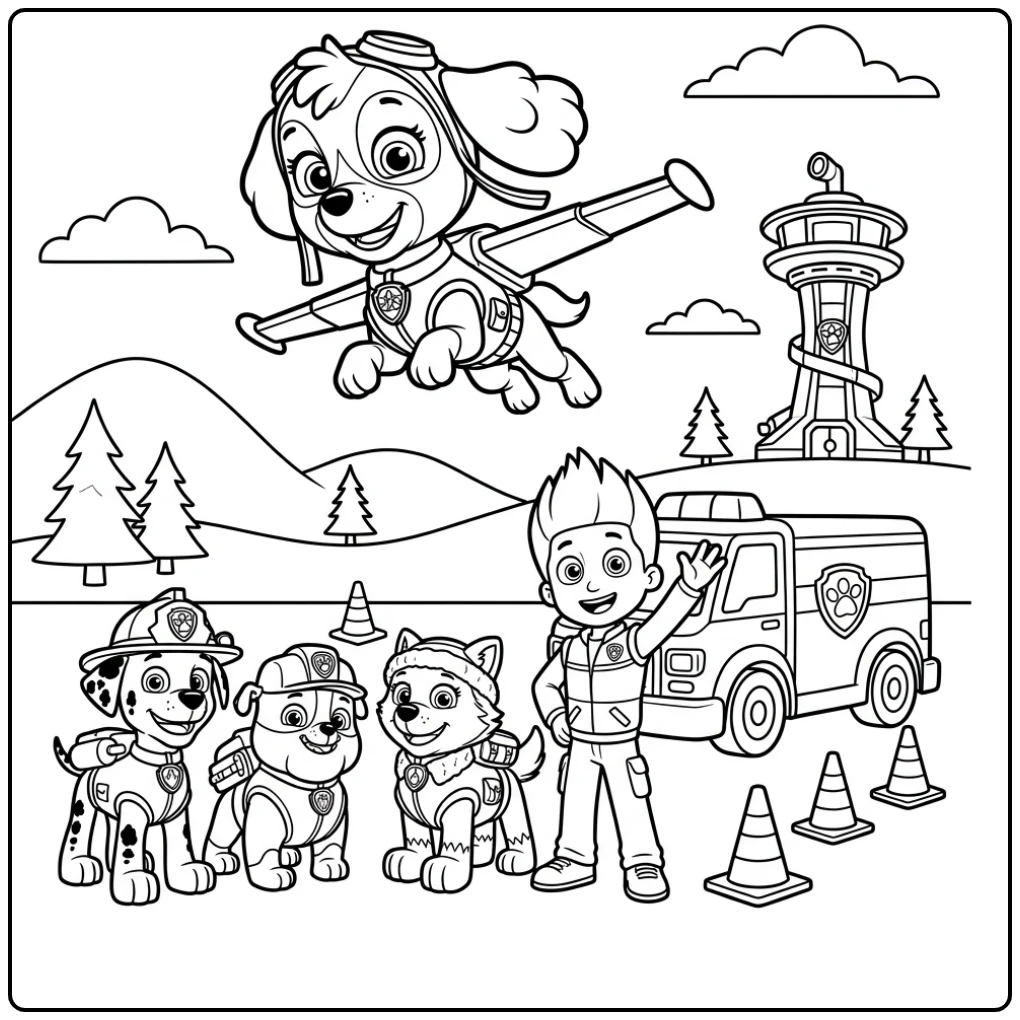 Paw Patrol Skye Floating Above Her Team Members coloring page