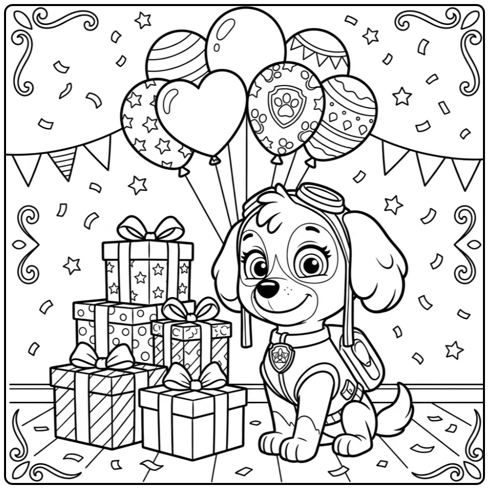 Skye's Festive Paw Patrol Birthday with Gifts coloring page