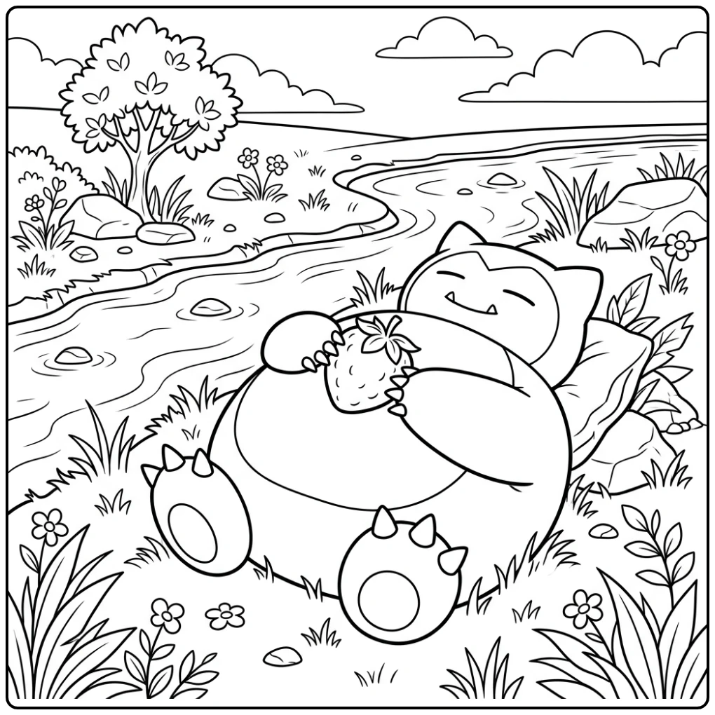 Sleeping Snorlax by the River with a Delicious Berry coloring page