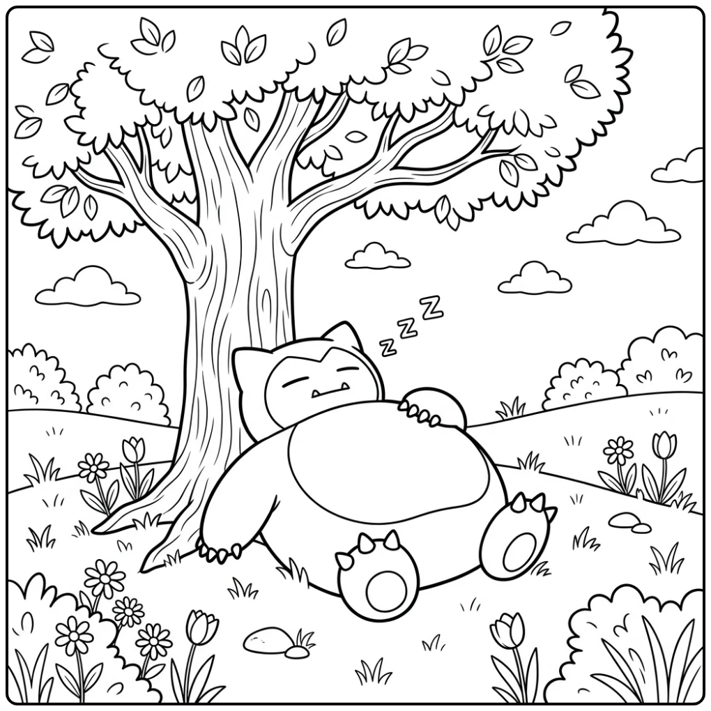 Sleeping Snorlax in a Peaceful Meadow coloring page