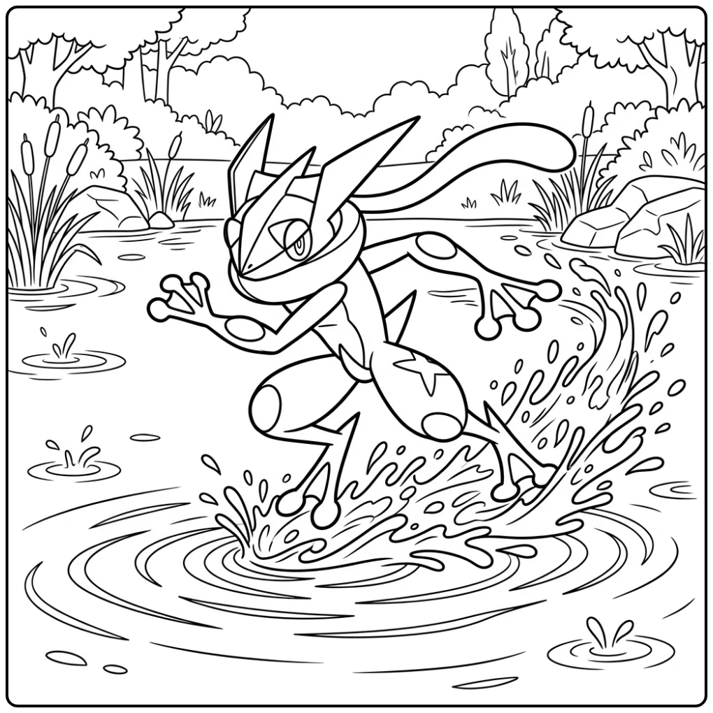Fast Greninja Ninja in Action on the Pond coloring page