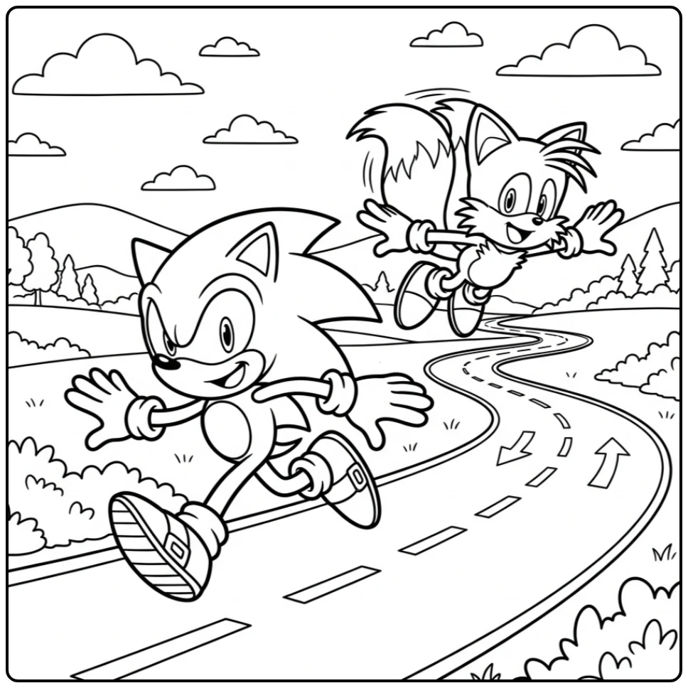 Fast Sonic and Tails in a Friendly Race coloring page