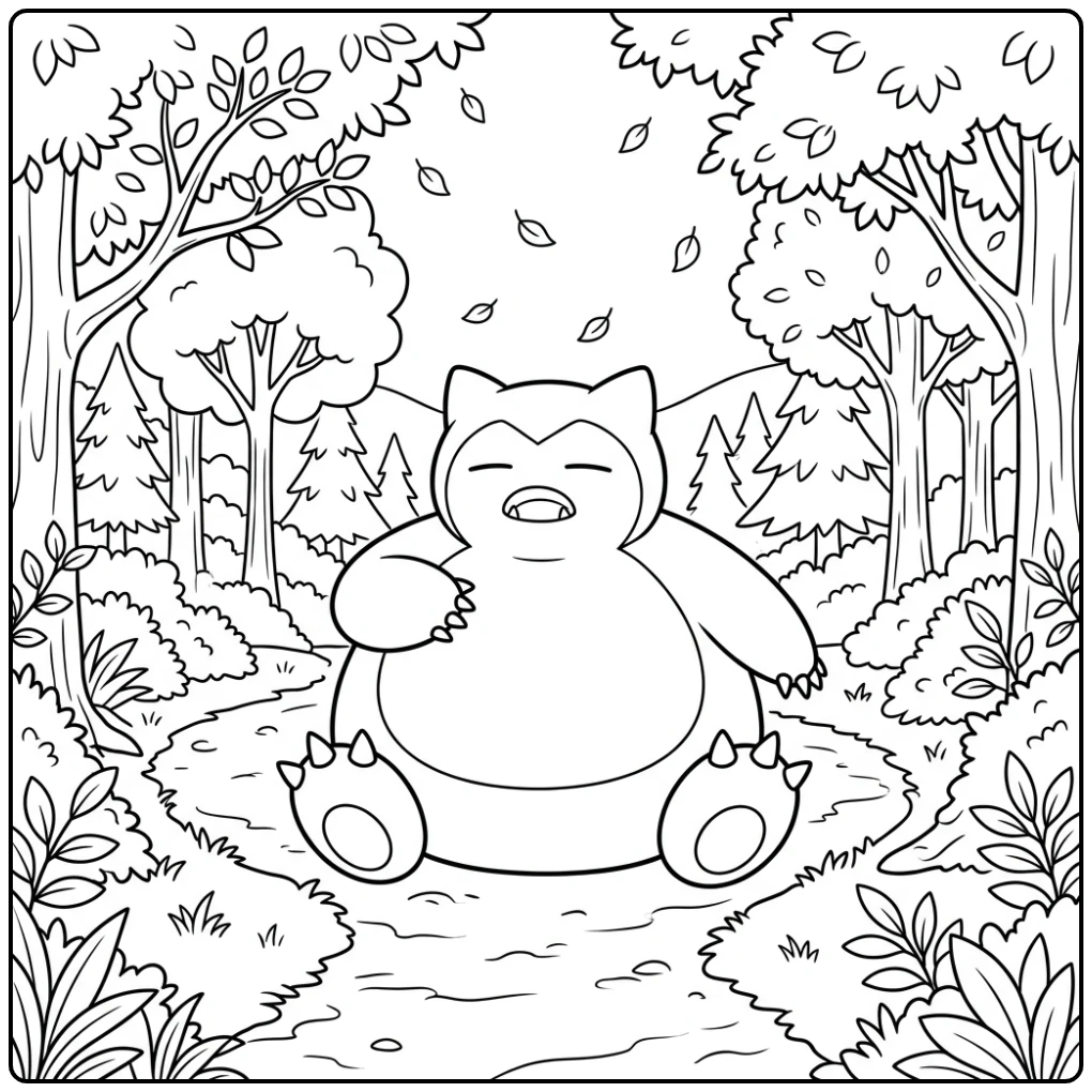 Big Snorlax Sitting on a Path in the Forest coloring page
