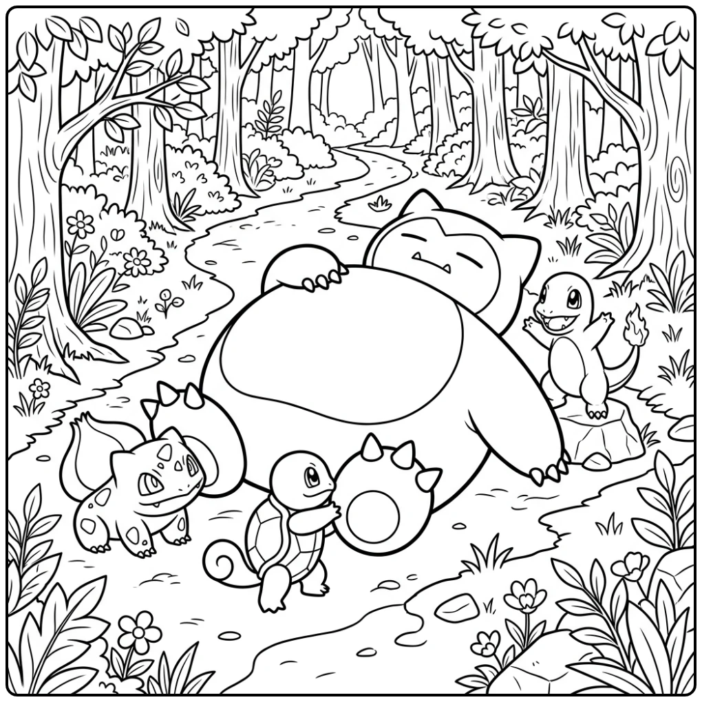 Snorlax Charmander Squirtle Bulbasaur coloring page
