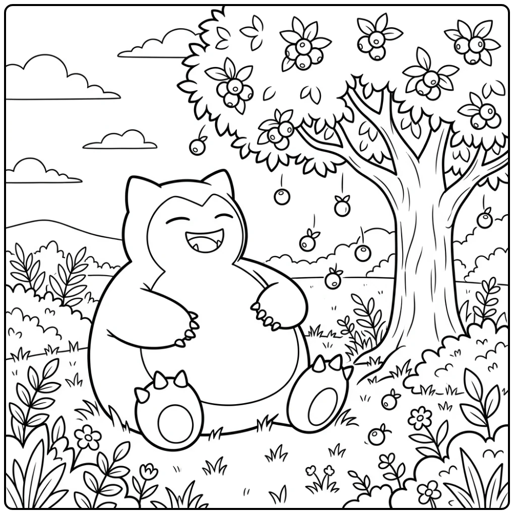 Relaxed Snorlax Under Berry Tree in the Field coloring page