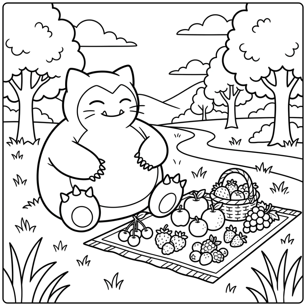 Snorlax a Relaxing Picnic in the Nature coloring page