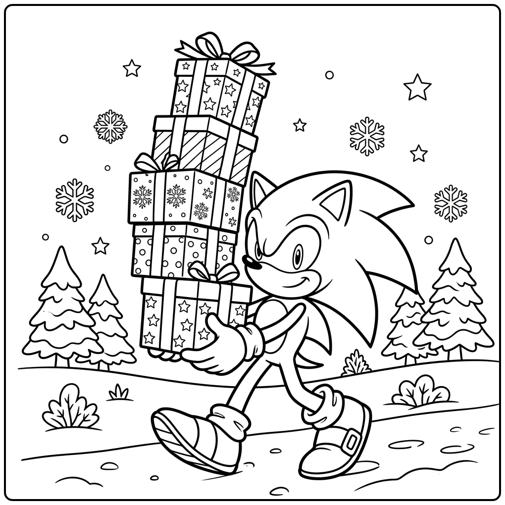 Sonic Christmas with a Festive Stack of Gifts coloring page