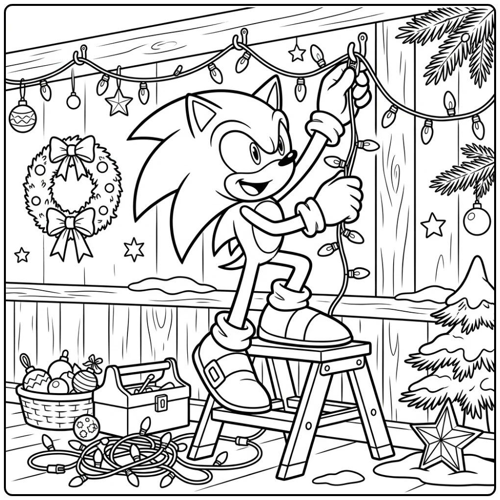 Sonic Hedgehog Decorates with Christmas Lights coloring page