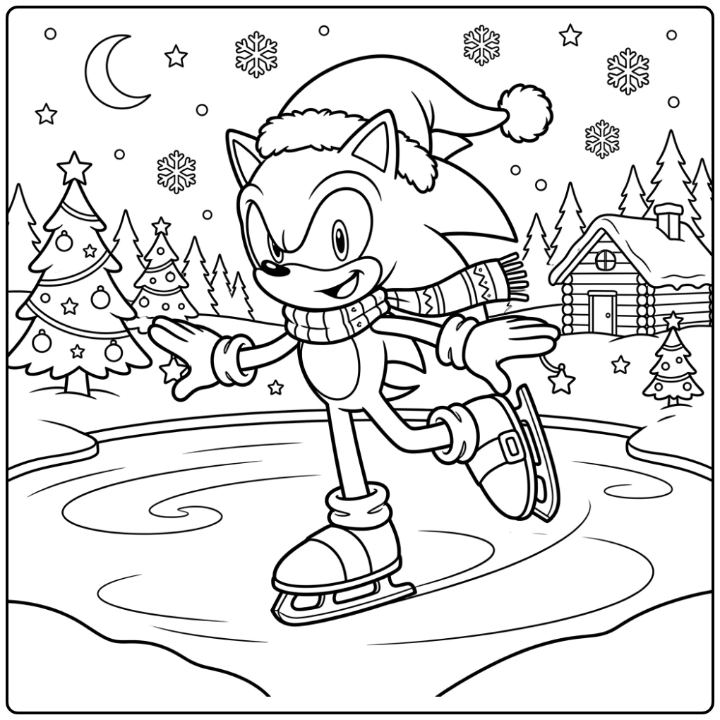 Sonic Christmas coloring page with a snowy holiday adventure