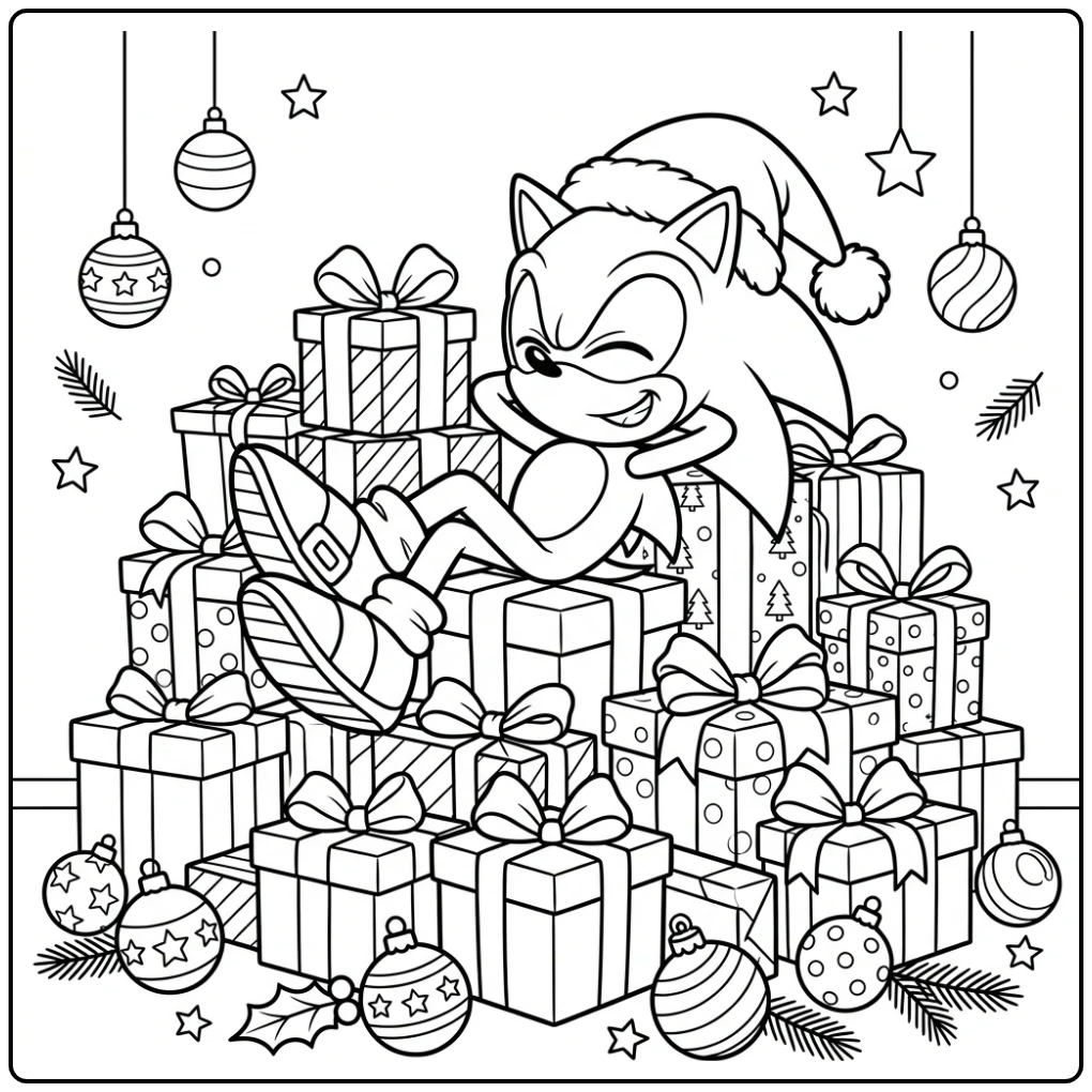 Christmas Sonic Relaxing on Festive Gifts coloring page