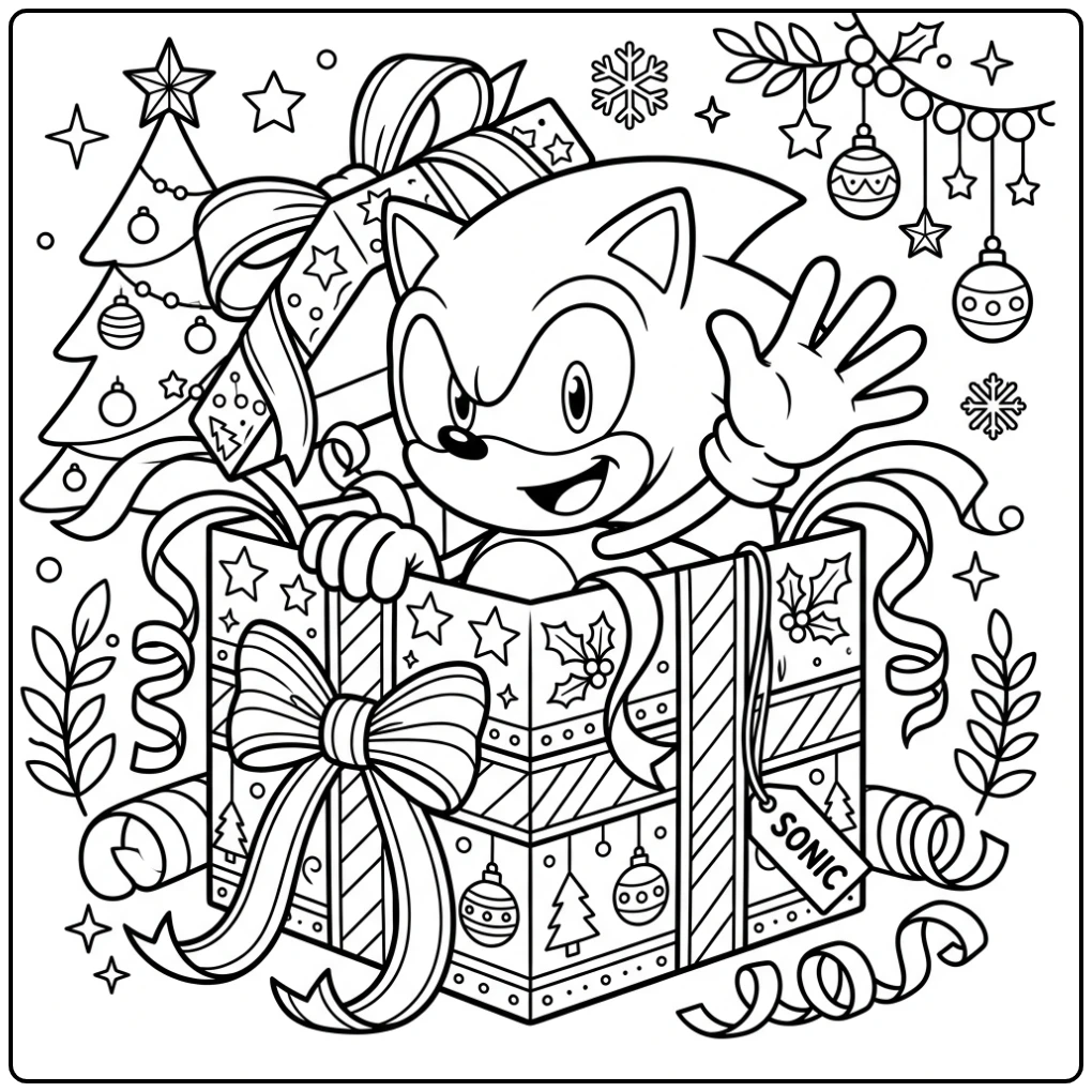 Sonic Joyfully Unwrapping Christmas Gifts coloring page