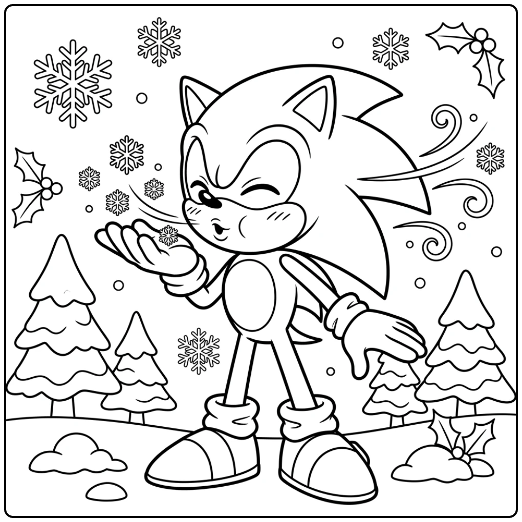 Christmas Winter Fun with Sonic and Snowflakes coloring page