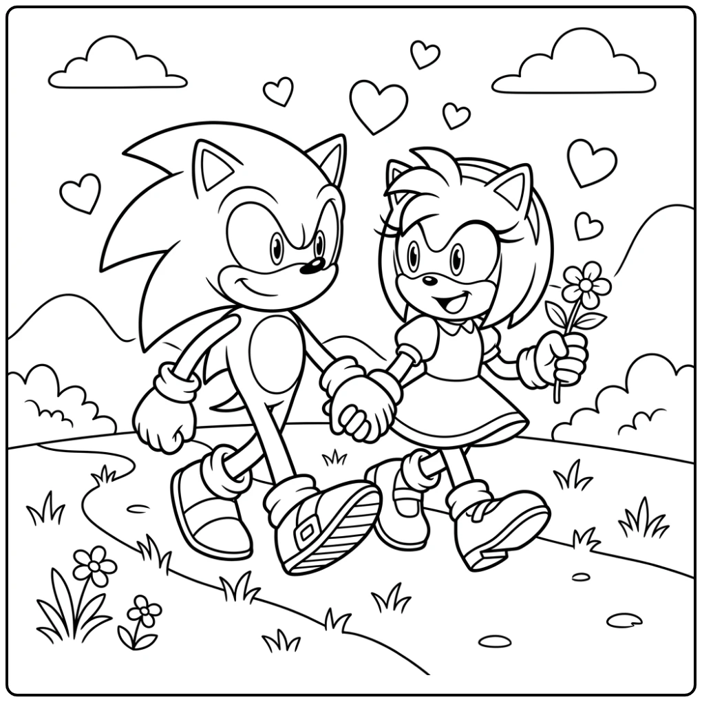 Sonic and Amy Adventure with a Flower coloring page