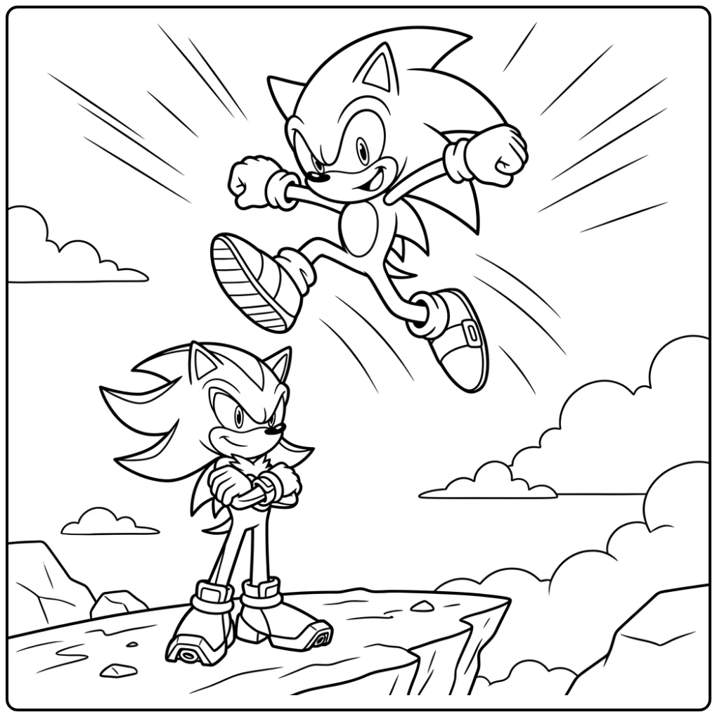 Jumping Sonic with Shadow Watching coloring page