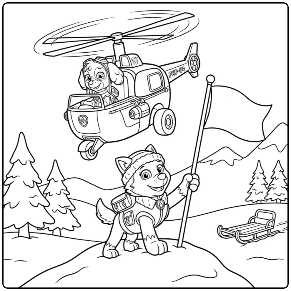 Exciting Mountain Rescue with Skye Paw Patrol in the Snow coloring page