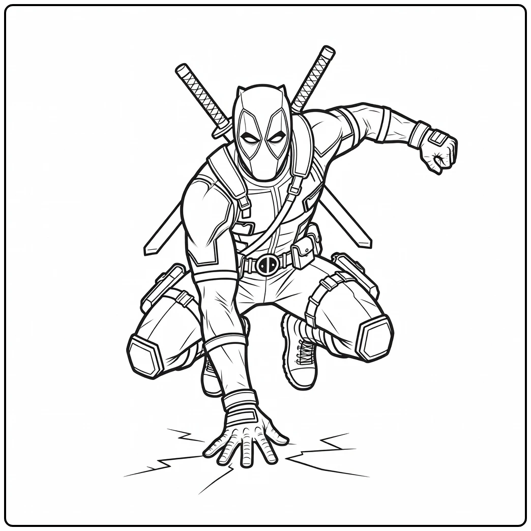 Exciting Deadpool in Three-point Landing coloring page
