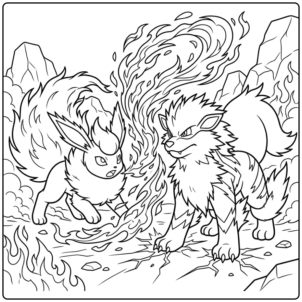Exciting Flareon Against Arcanine Duel coloring page