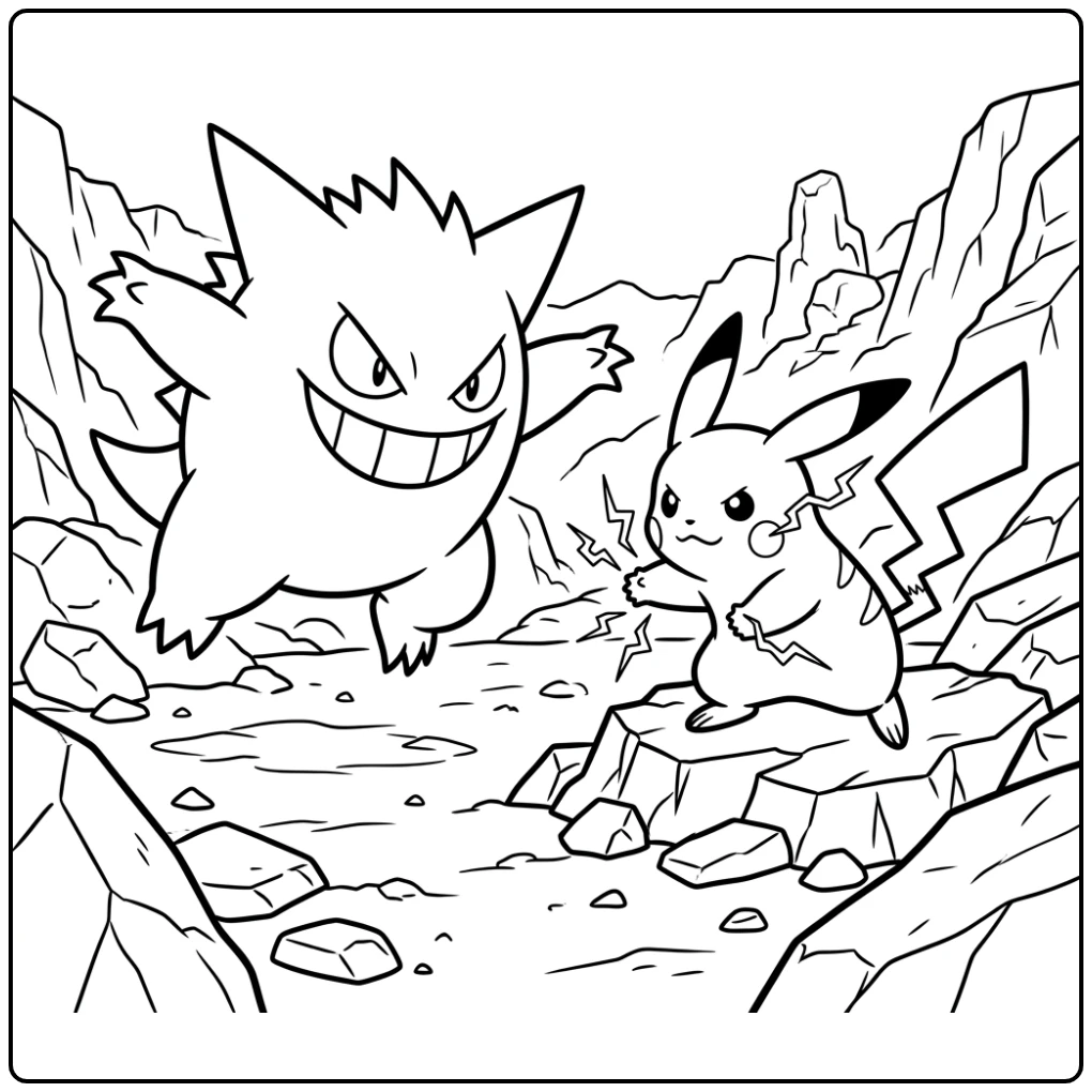 Exciting Gengar Taking on Pikachu coloring page