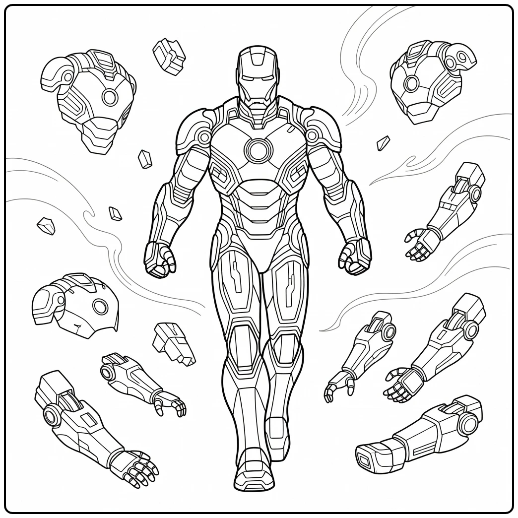Exciting Iron Man on a Robot Battlefield coloring page