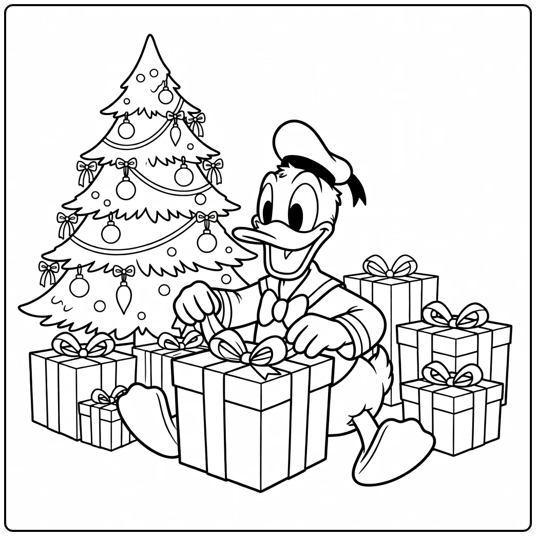 Exciting Donald Duck Christmas Gift Fun with the Tree coloring page