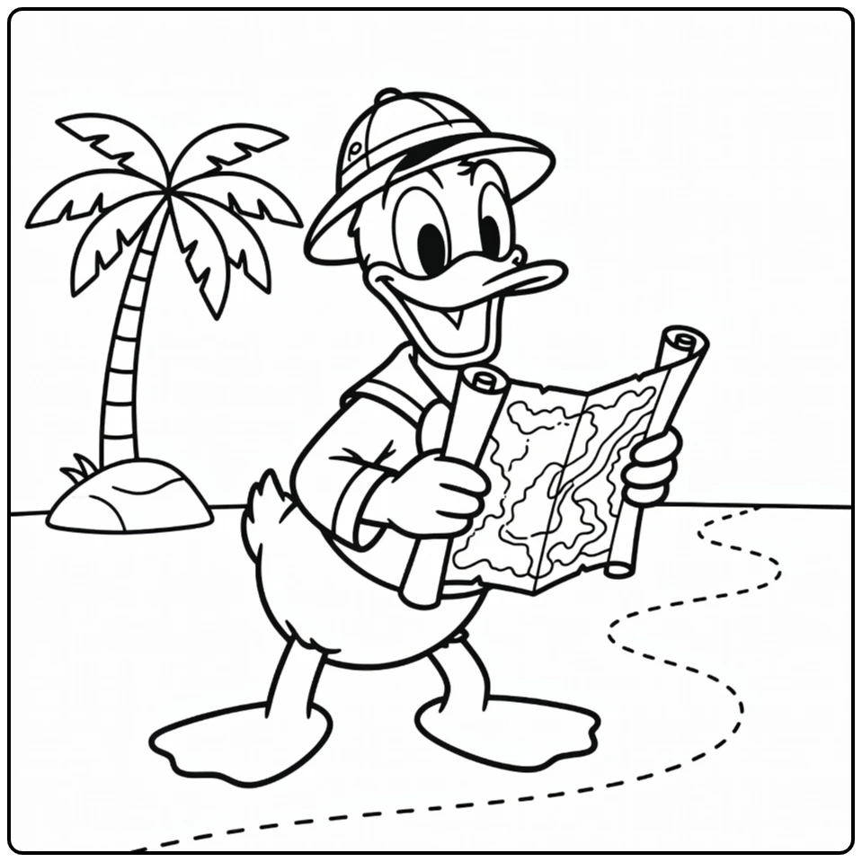 Exciting Donald Duck with Map and Palm Tree coloring page