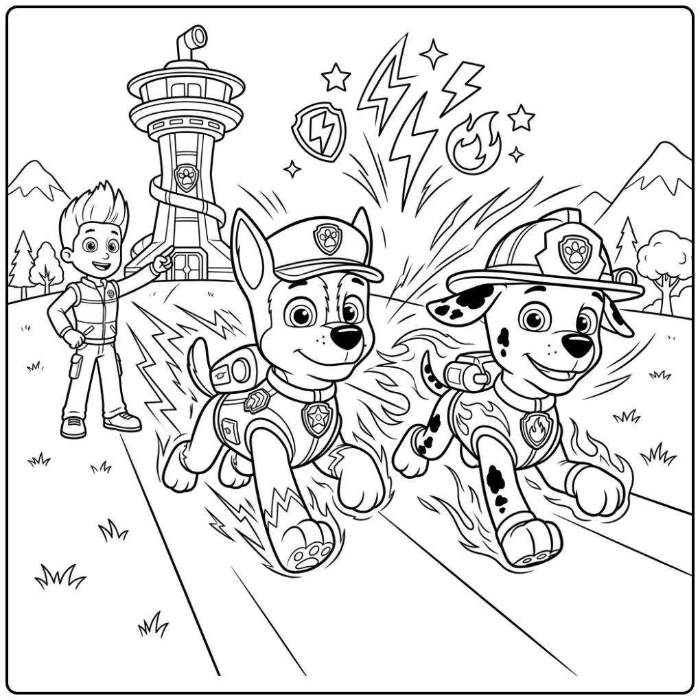 Exciting Paw Patrol Mega Pups Ryder Chase Marshall coloring page