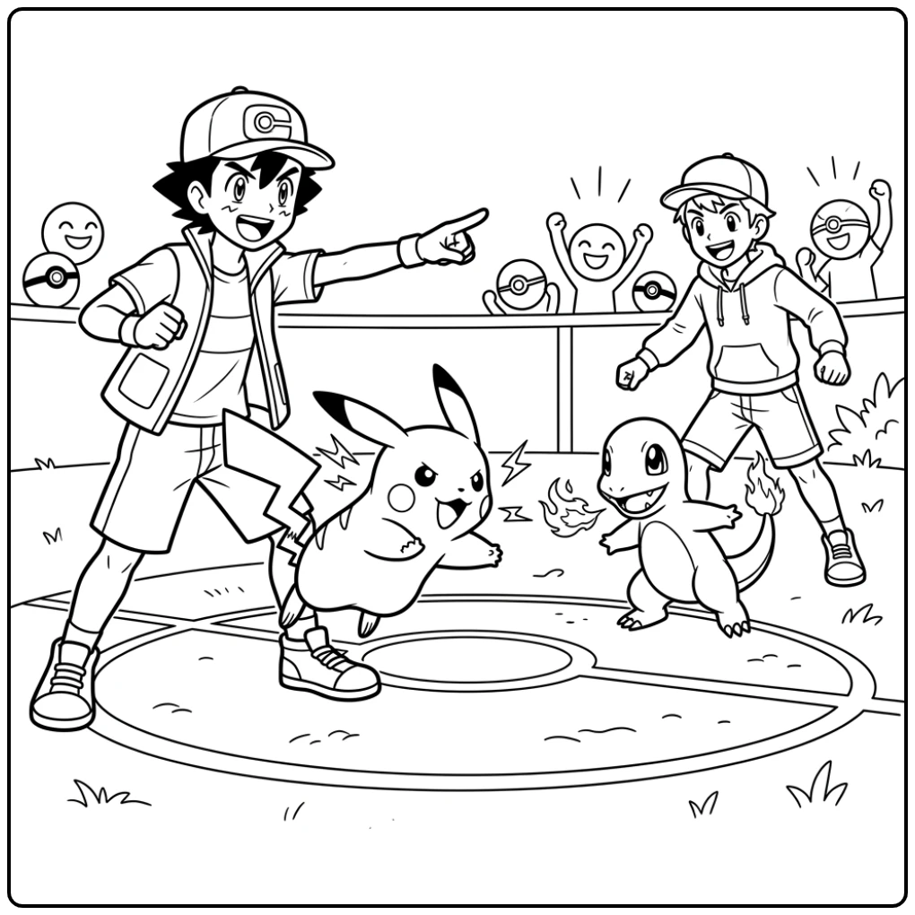 Exciting Pokemon Ash Fighting with Pikachu coloring page