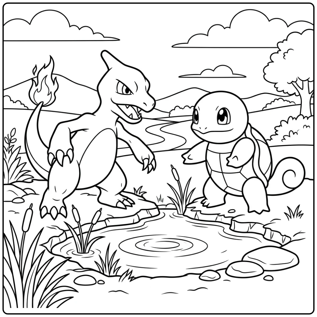 Exciting Pokemon Charmeleon Battle with the Pond coloring page