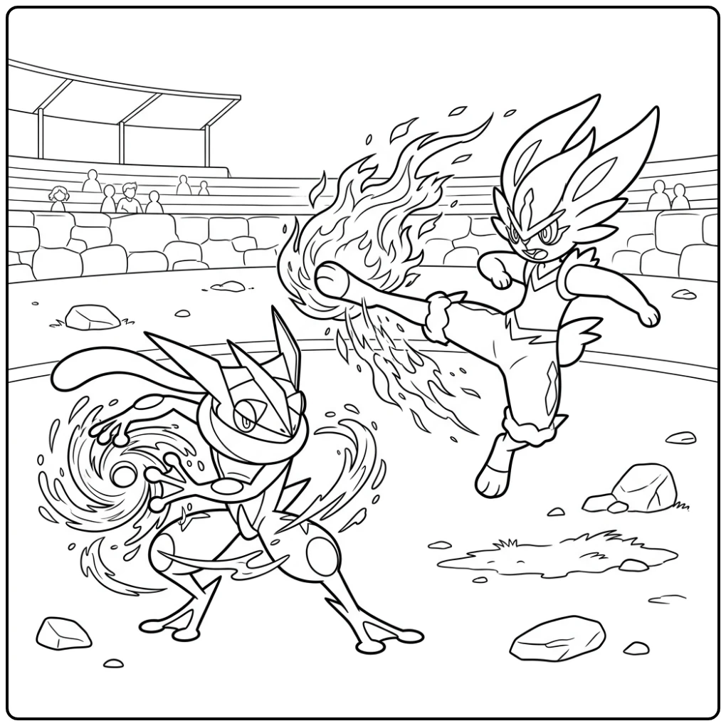 Exciting Pokemon Cinderace Vs Greninja Battle coloring page