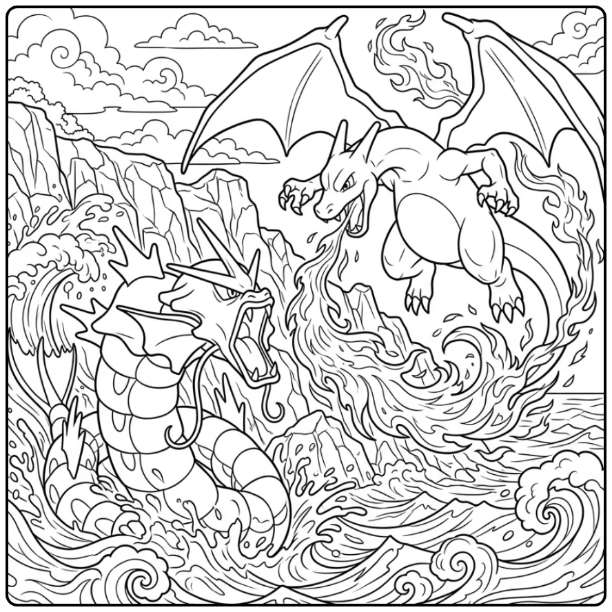 Exciting Pokemon Detailed Charizard and Gyarados Battle coloring page