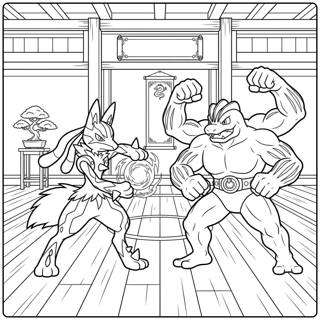Exciting Lucario Fighting Against Machamp in Dojo coloring page
